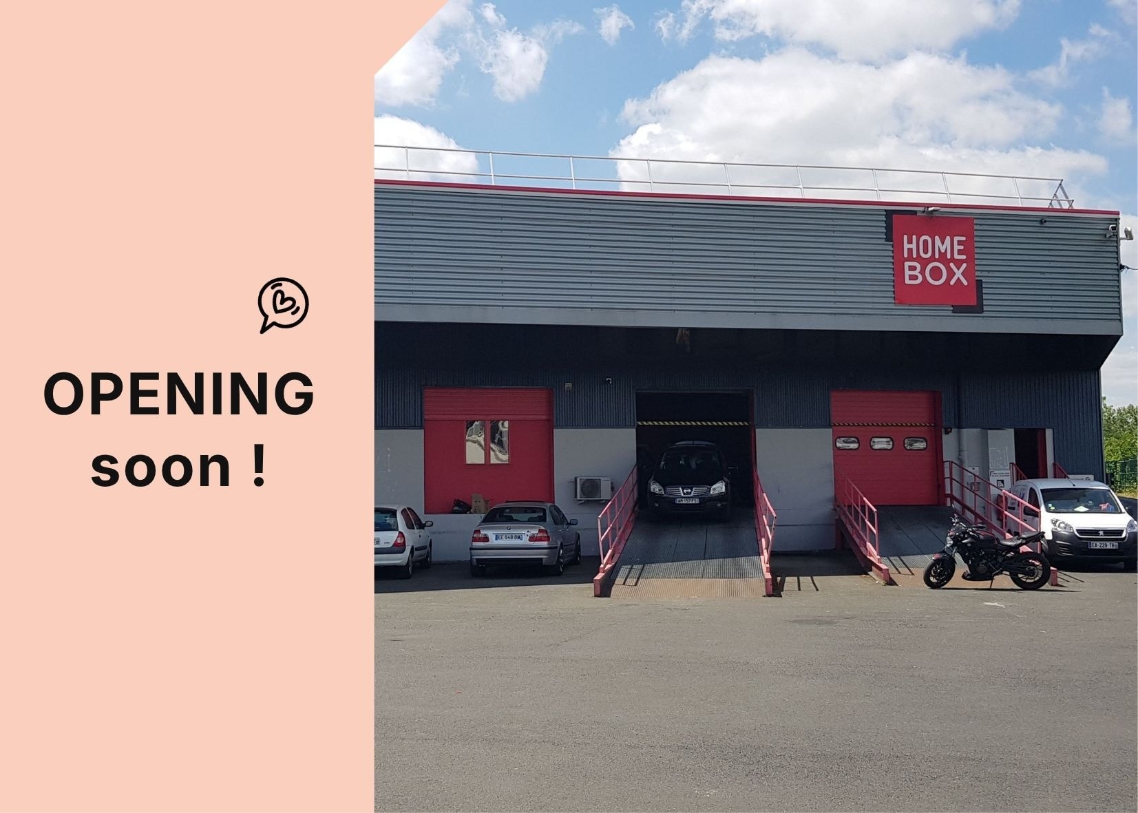 Grey warehouse facade with red doors and Opening Soon announcement at HOMEBOX Longjumeau, 6 rue du Canal, Longjumeau